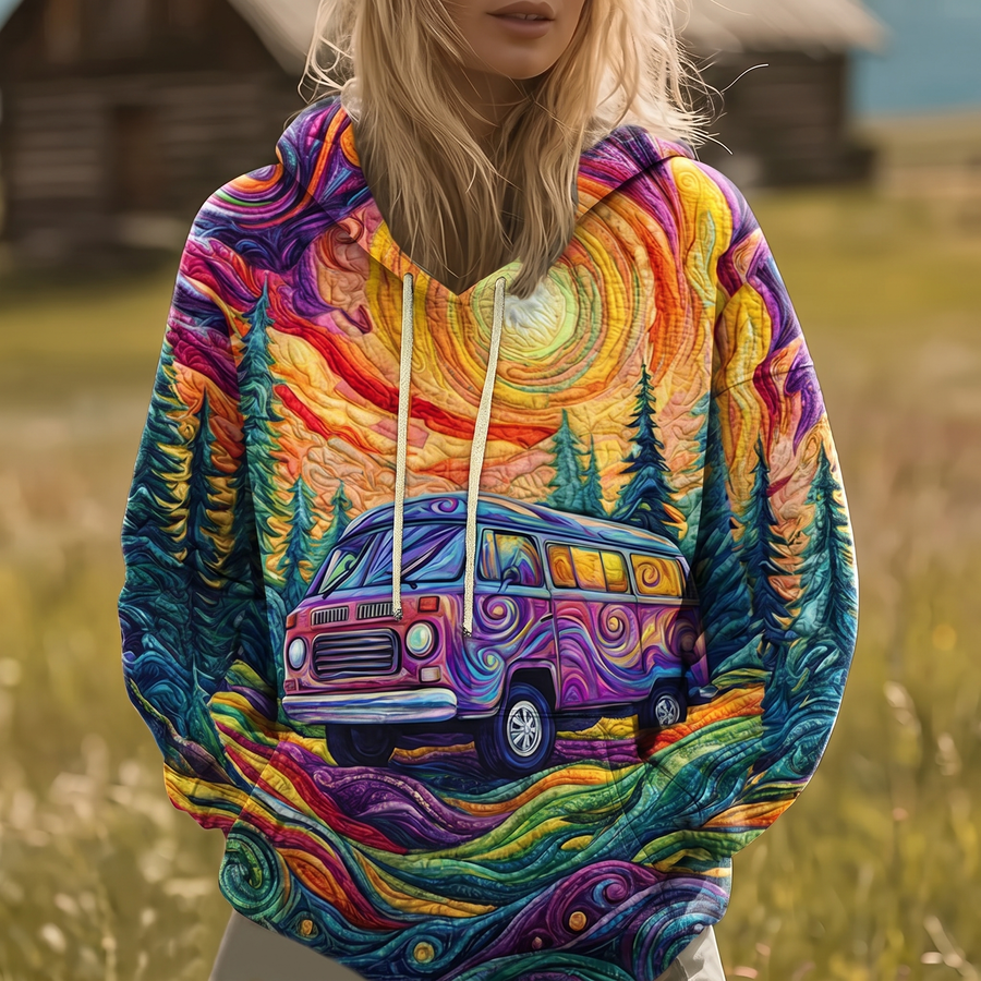 Relaxed-fit Y2K hoodie with a colourful sunburst print, drawstring hood and kangaroo pocket