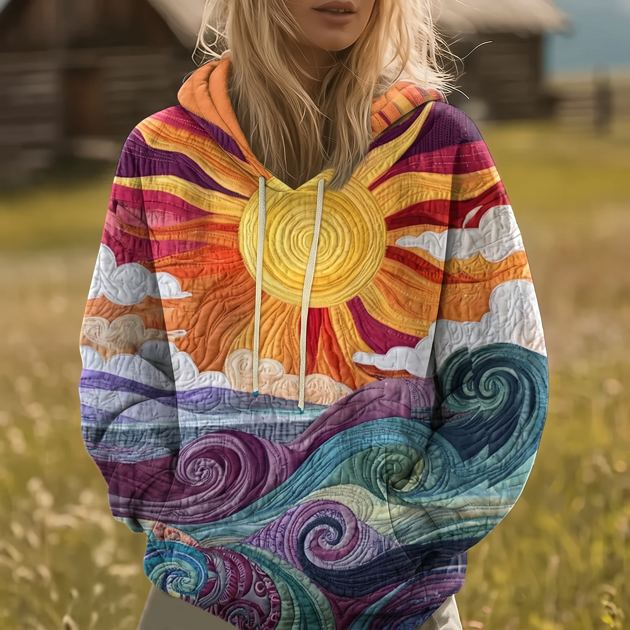 Relaxed-fit Y2K hoodie with a colourful radiating sunburst print, drawstring hood and kangaroo pocket