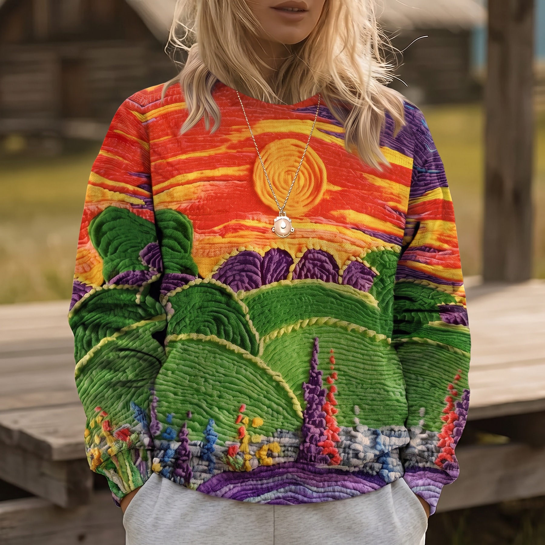 Relaxed-fit sweater with a colourful sunburst landscape print and round neckline