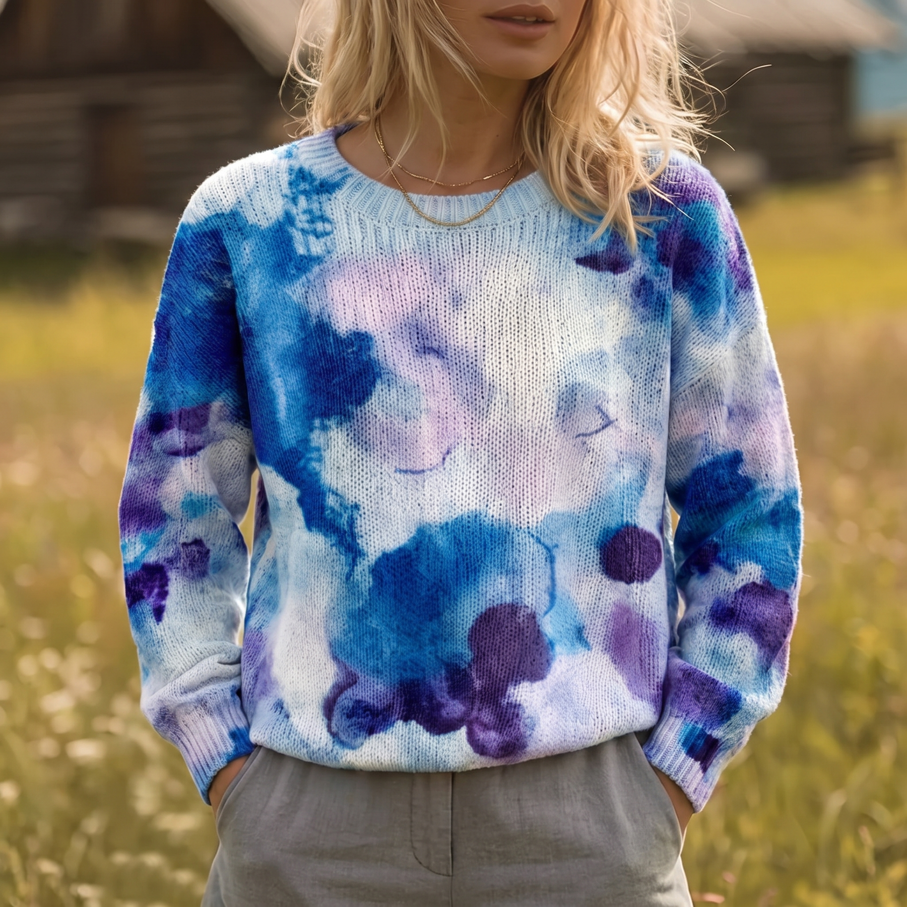 Blue tie-dye floral knit sweater with round neckline and long sleeves