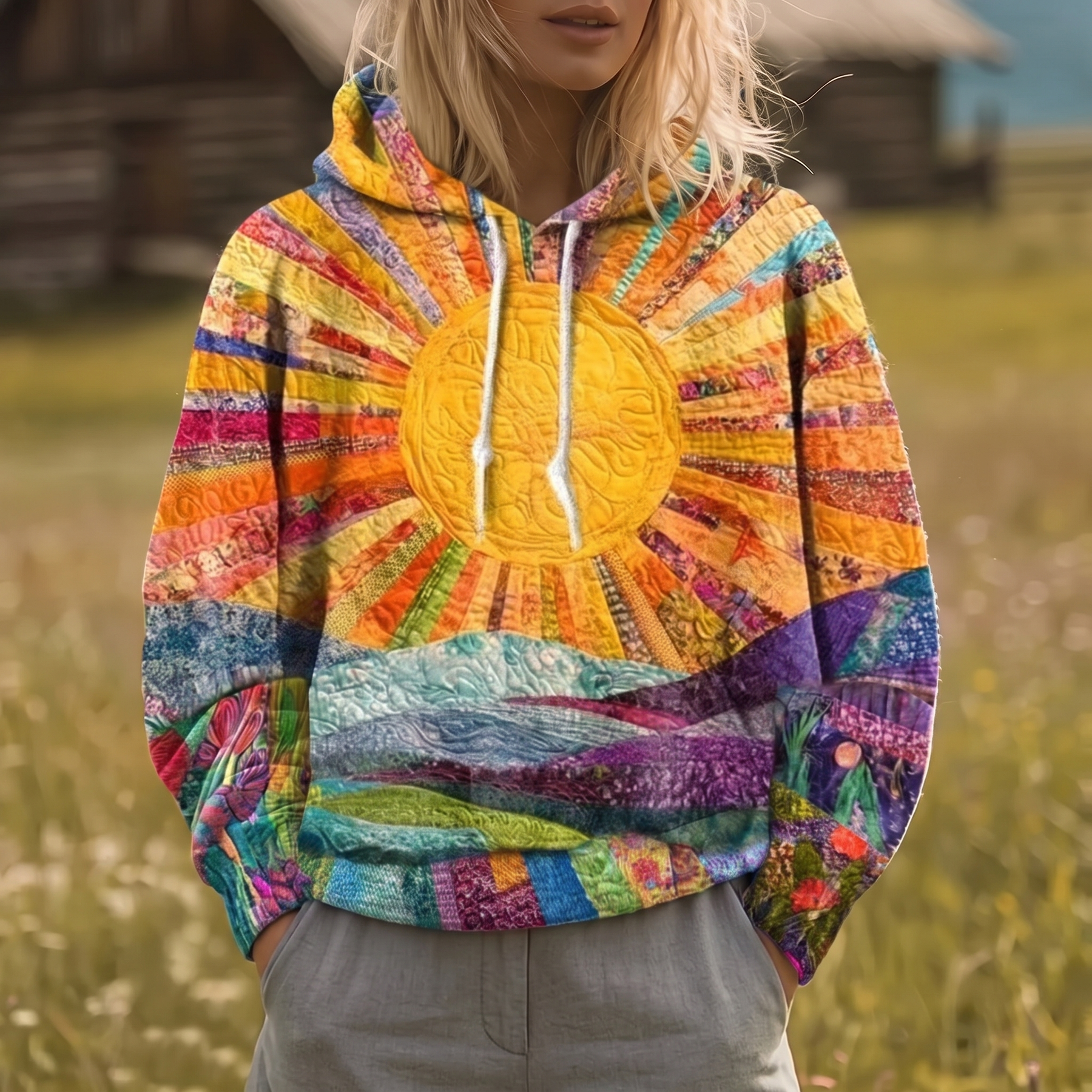 Relaxed-fit Y2K hoodie with a multicolour radiating sunburst print, hood and kangaroo pocket