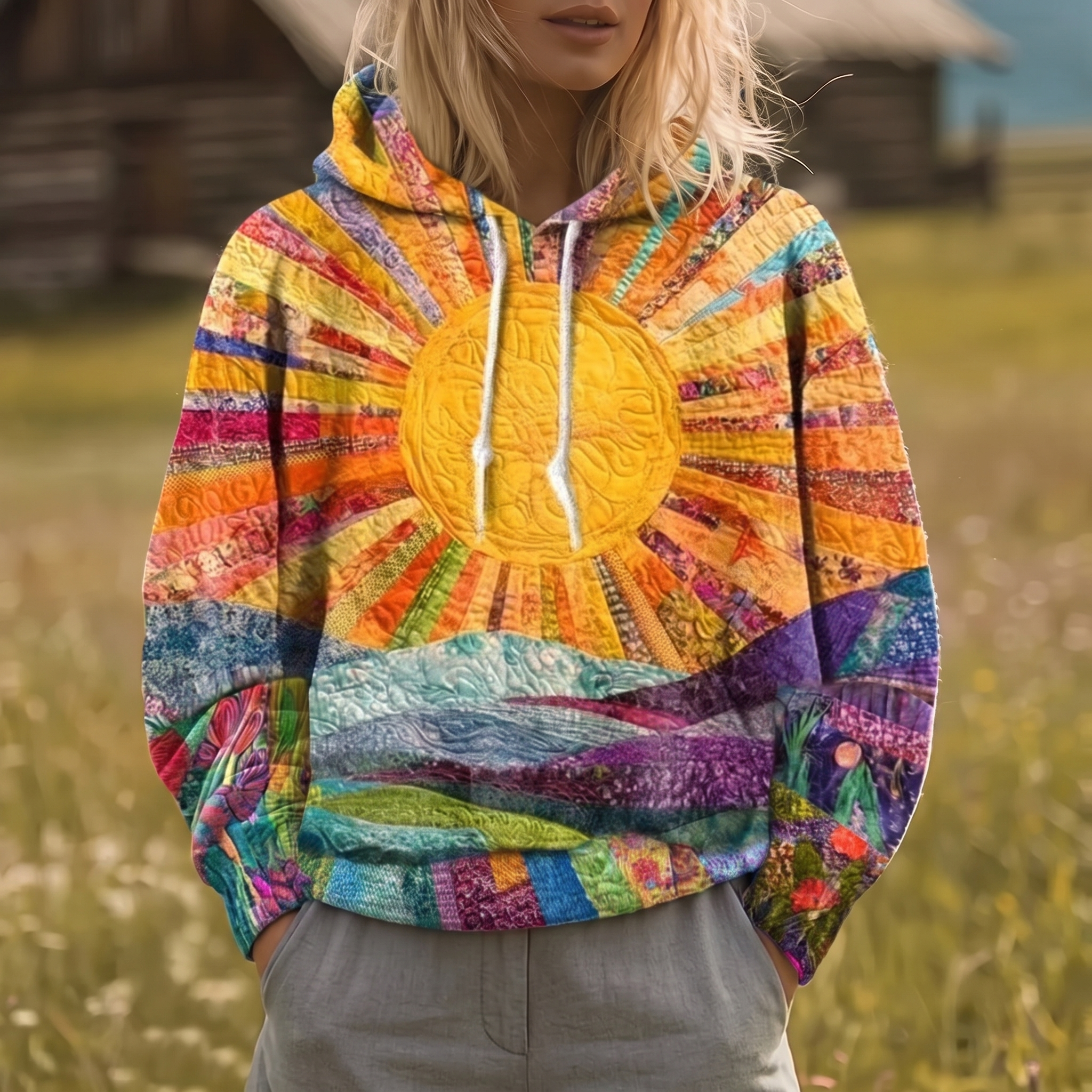 Relaxed-fit Y2K hoodie with a multicolour radiating sunburst print, hood and kangaroo pocket