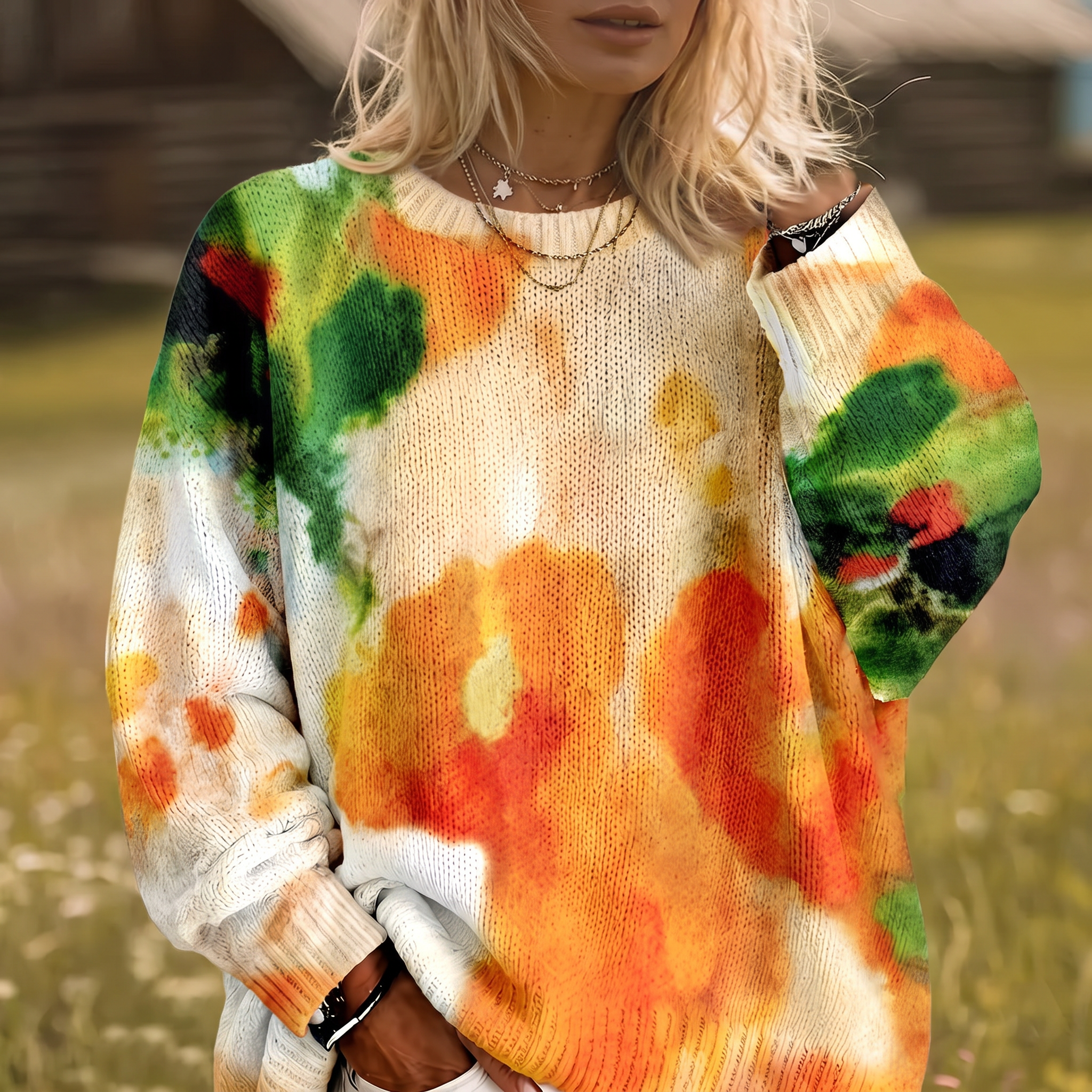 Orange tie-dye floral round-neck sweater with a relaxed fit and long sleeves