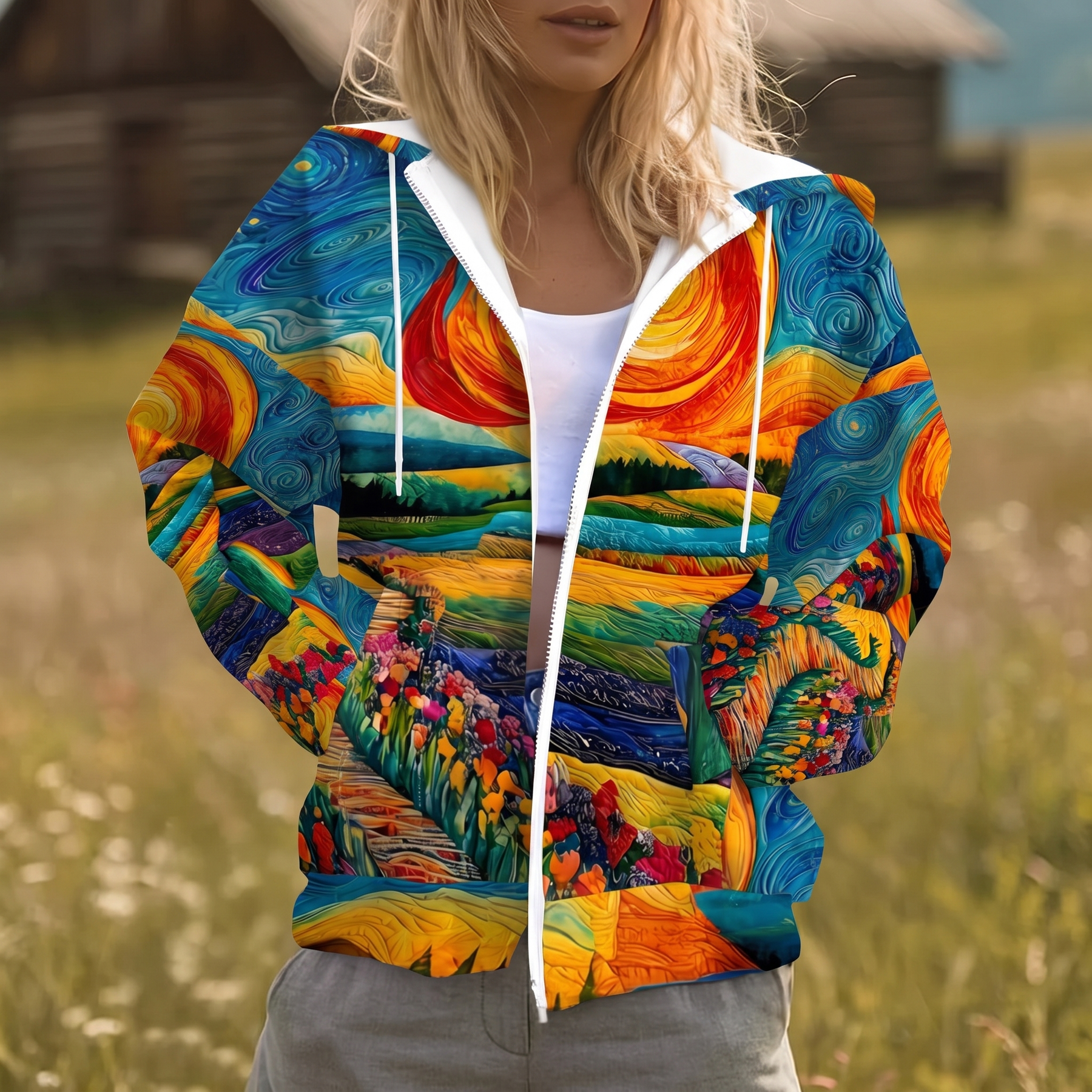 Multicolor sunburst print full-zip hoodie with soft-lined hood and relaxed fit