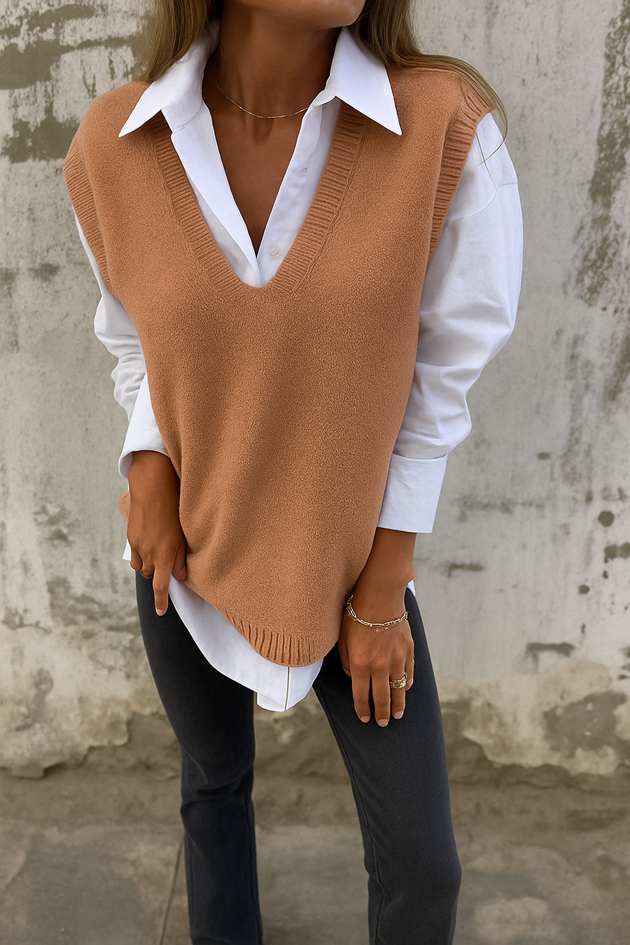 Sleeveless V-neck longline sweater vest with ribbed hem in a relaxed straight fit