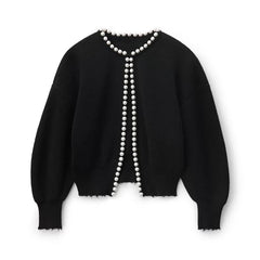 Pearl-trimmed soft knit cardigan for women in black and white