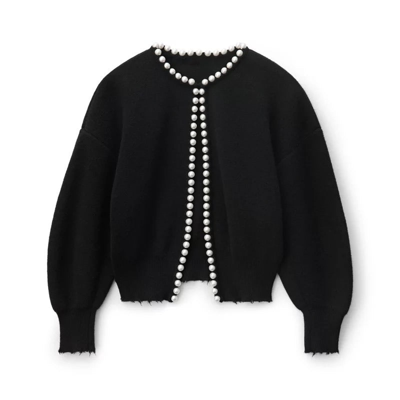 Pearl-trimmed soft knit cardigan for women in black and white