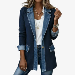 Women's ribbed knit summer jacket with light-wash denim collar, cuffs and hem and a button front