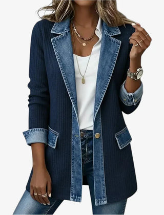 Women's ribbed knit summer jacket with light-wash denim collar, cuffs and hem and a button front