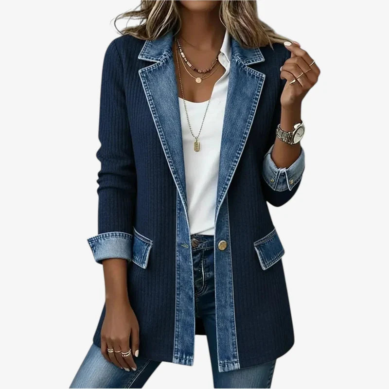 Women's ribbed knit summer jacket with light-wash denim collar, cuffs and hem and a button front