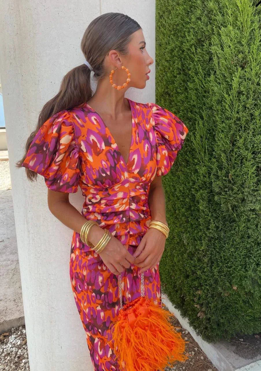 Loren | Vibrant Midi Dress with Puff Sleeves