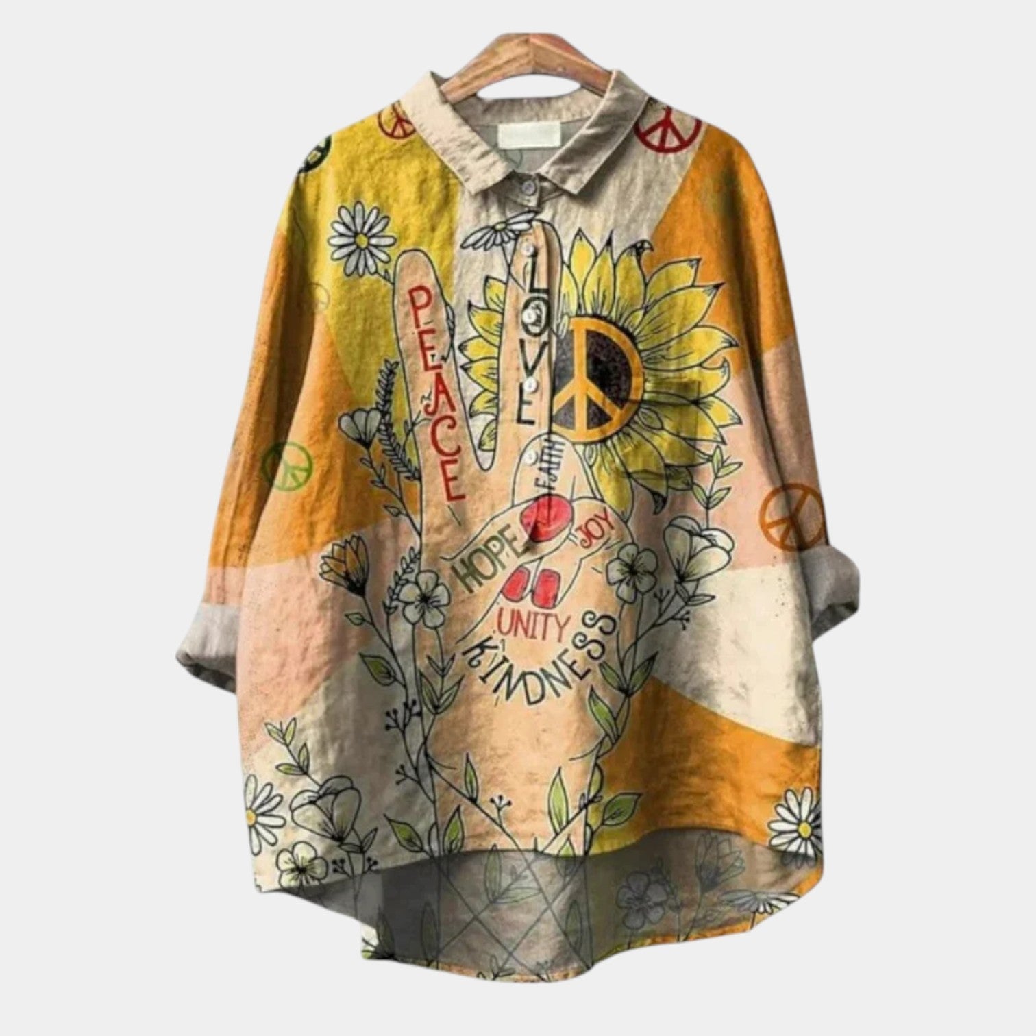 Woman wearing an elegant printed long-sleeve summer blouse in a relaxed fit