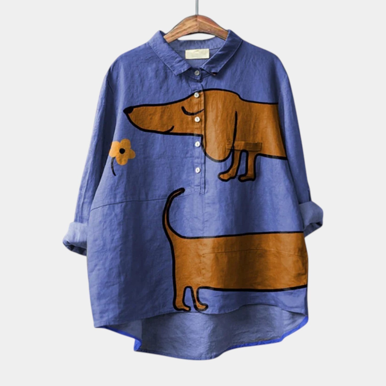 Elegant printed long-sleeve summer blouse with a relaxed, flowing fit