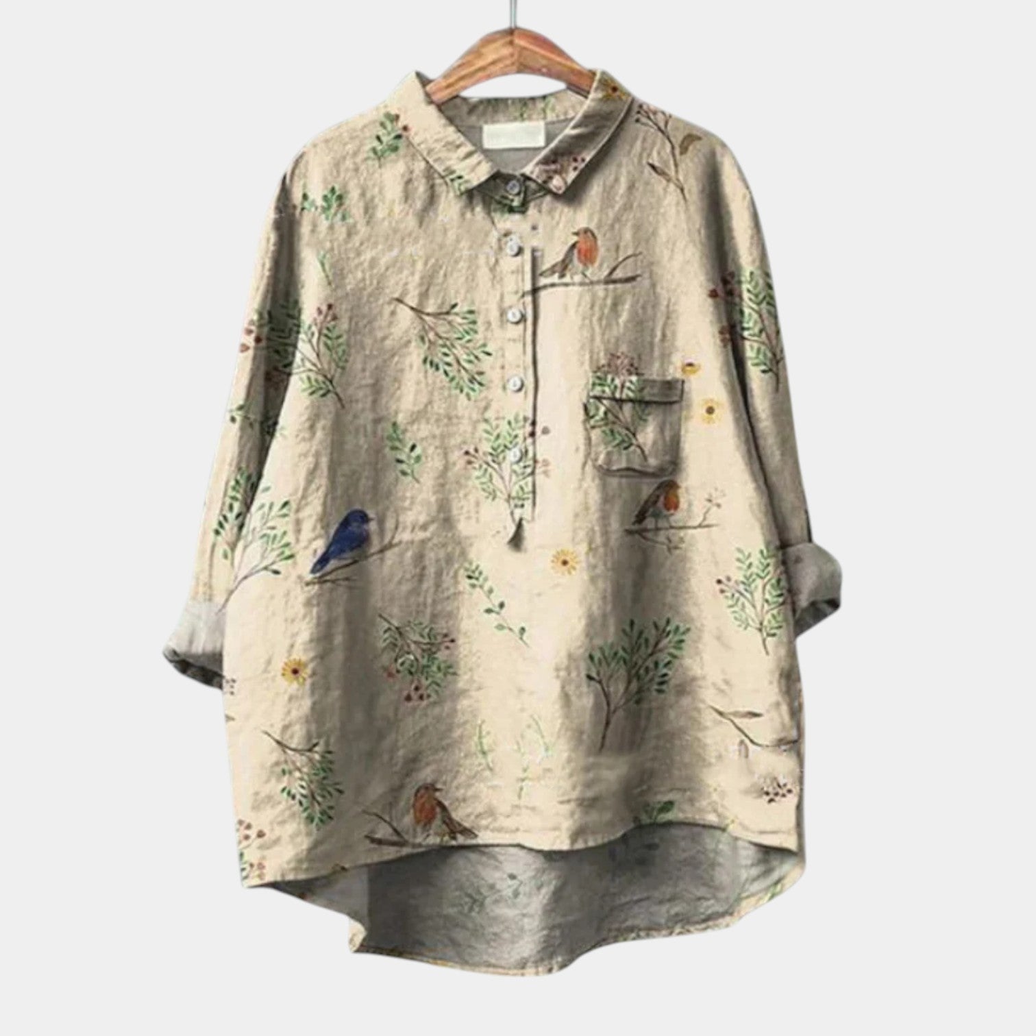 Long-sleeve printed summer blouse for women with a relaxed, flowing fit