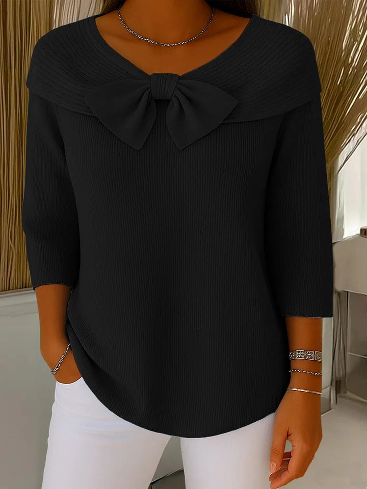 Women’s ribbed round-neck sweater with a fixed bow detail and three-quarter sleeves