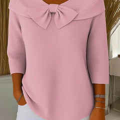Women’s ribbed round-neck sweater with a fixed bow detail and three-quarter sleeves