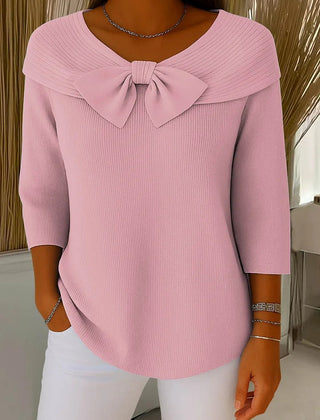 Women’s ribbed round-neck sweater with a fixed bow detail and three-quarter sleeves