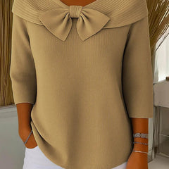 Women’s ribbed round-neck sweater with a fixed bow detail and three-quarter sleeves
