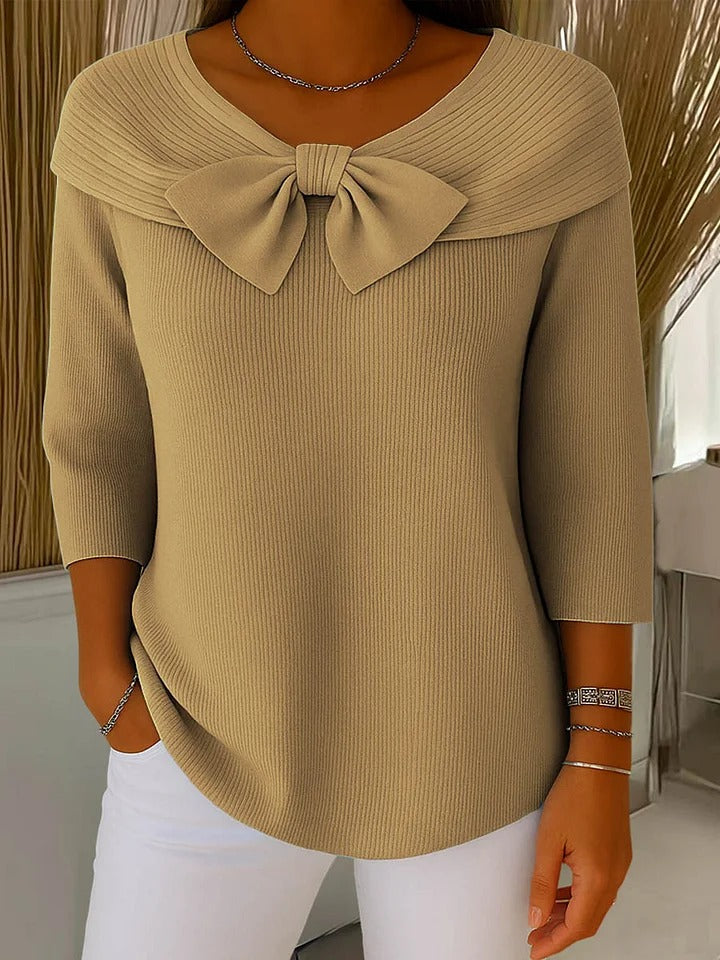 Women’s ribbed round-neck sweater with a fixed bow detail and three-quarter sleeves