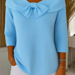 Women’s ribbed round-neck sweater with a fixed bow detail and three-quarter sleeves