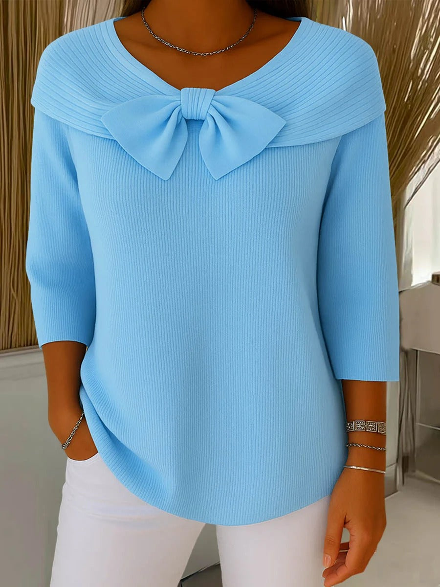 Women’s ribbed round-neck sweater with a fixed bow detail and three-quarter sleeves
