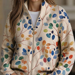 Botanical leaf print zip cardigan with gold-tone zipper in blue, orange, green and yellow