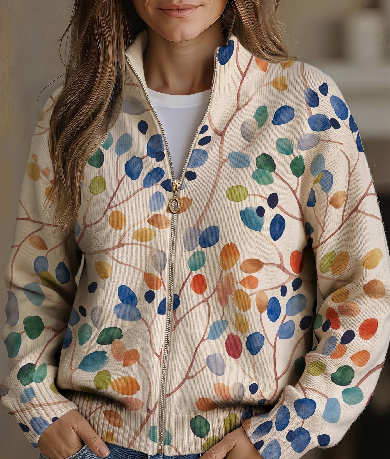 Botanical leaf print zip cardigan with gold-tone zipper in blue, orange, green and yellow