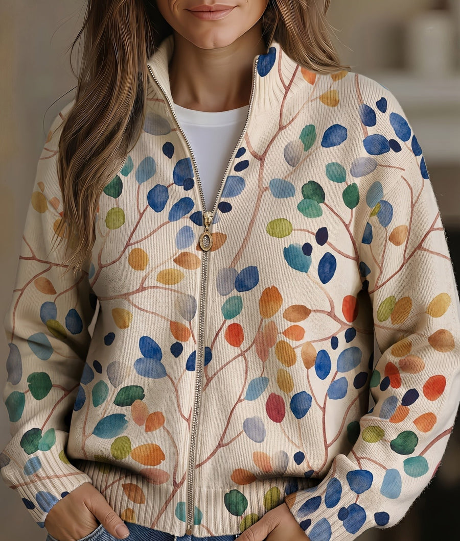 Botanical leaf print zip cardigan with gold-tone zipper in blue, orange, green and yellow