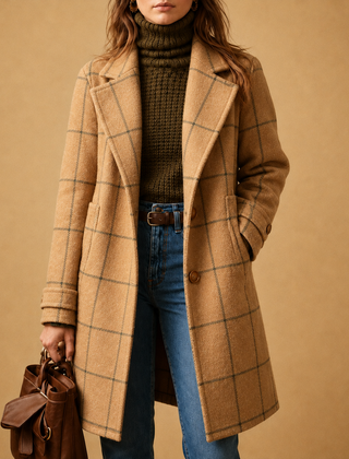 Women's classic checkered two-button coat with lapel and straight fit