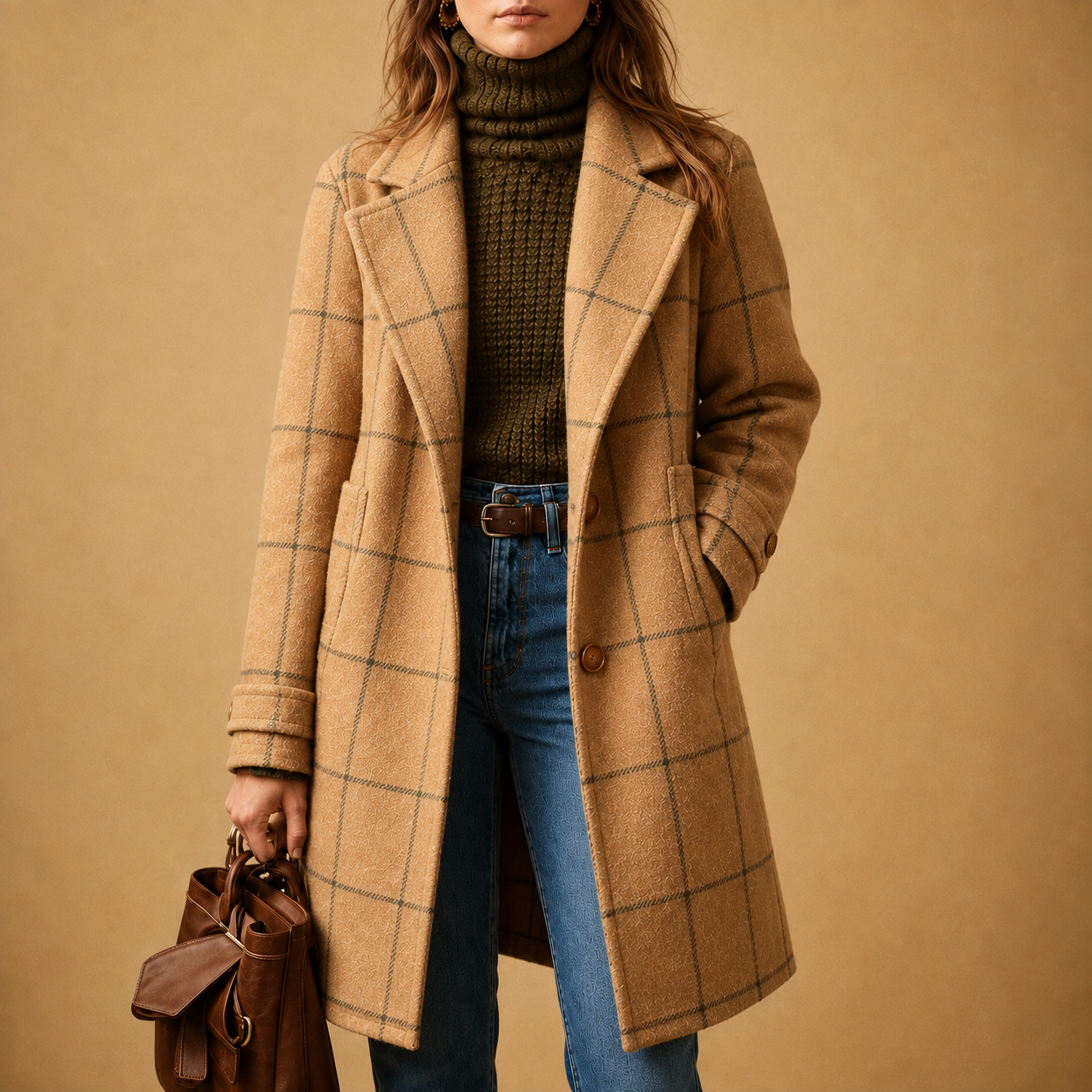 Women's classic checkered two-button coat with lapel and straight fit