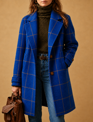 Women's classic checkered two-button coat with lapel and straight fit