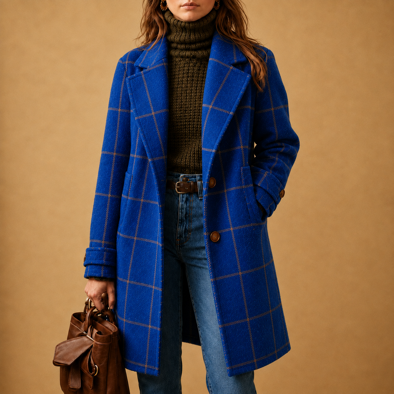 Women's classic checkered two-button coat with lapel and straight fit
