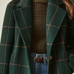 Women's retro tweed check coat with lapel collar in dark green and grey