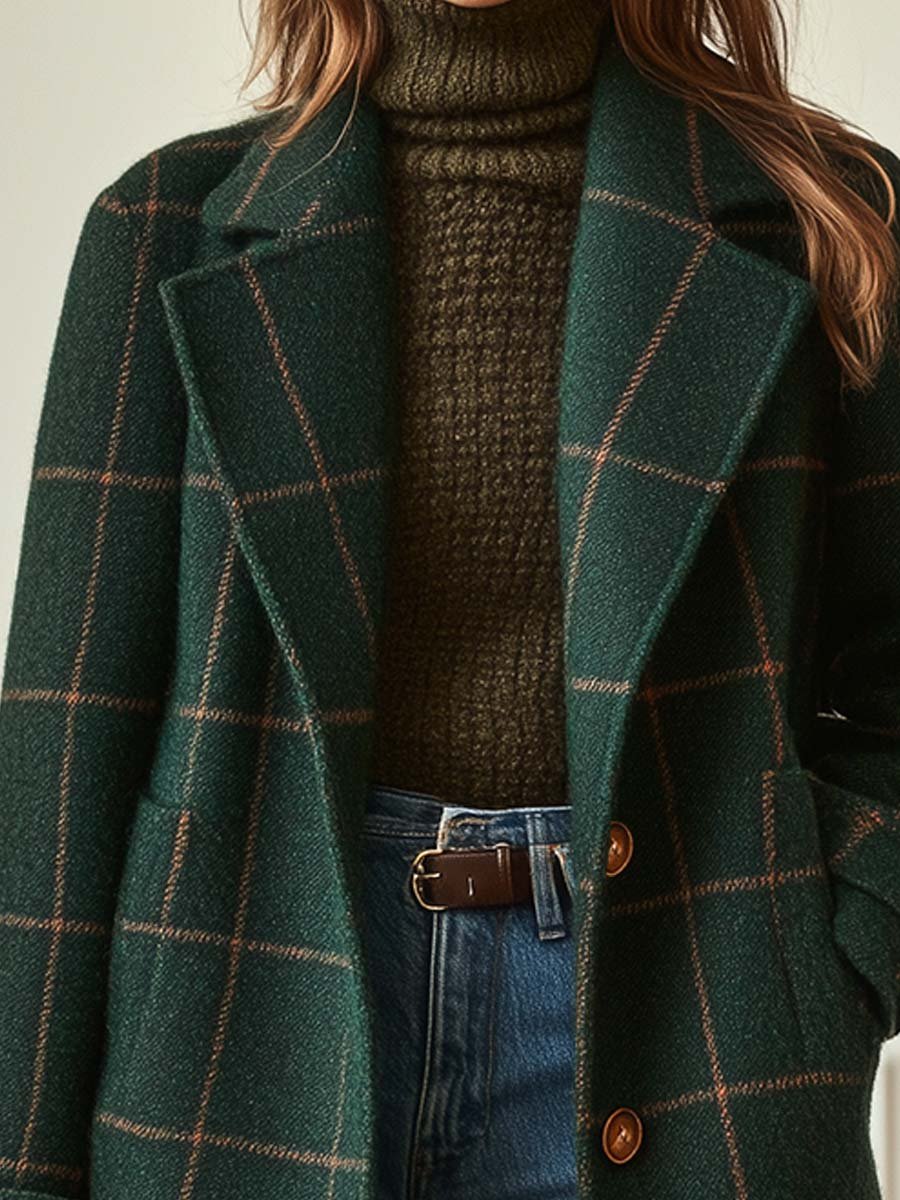 Women's retro tweed check coat with lapel collar in dark green and grey