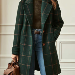 Women's retro tweed check coat with lapel collar in dark green and grey