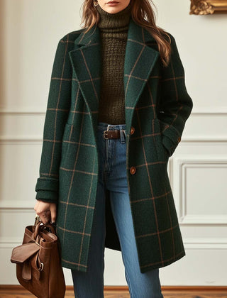 Women's retro tweed check coat with lapel collar in dark green and grey