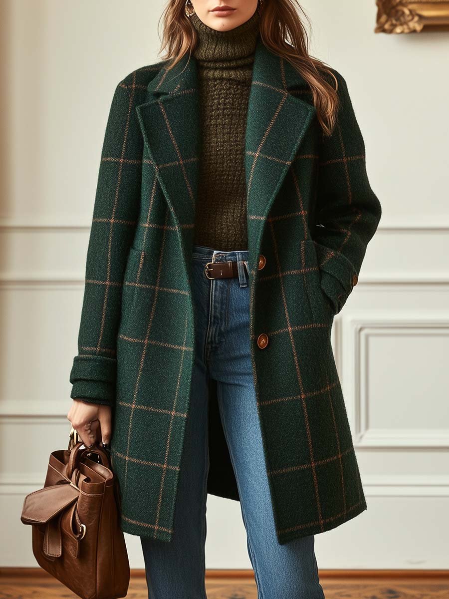 Women's retro tweed check coat with lapel collar in dark green and grey