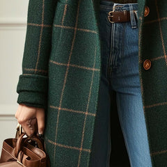 Women's retro tweed check coat with lapel collar in dark green and grey