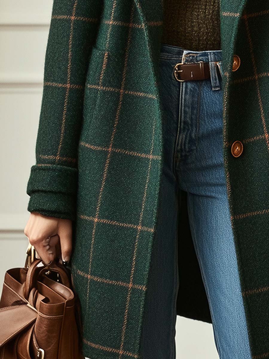Women's retro tweed check coat with lapel collar in dark green and grey