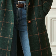 Women's retro tweed check coat with lapel collar in dark green and grey