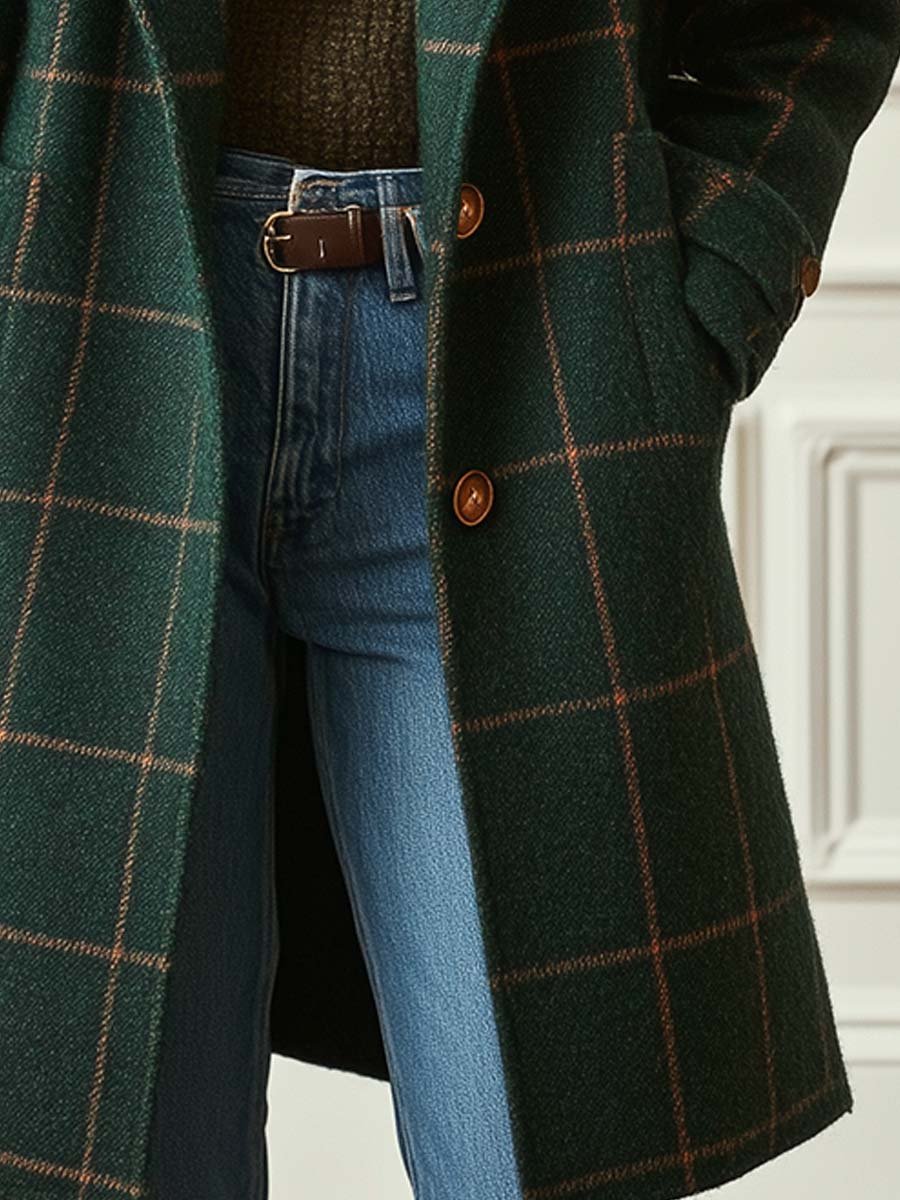 Women's retro tweed check coat with lapel collar in dark green and grey
