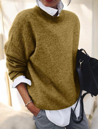 Women's solid single-tone round neck pullover sweater with long sleeves and straight hem