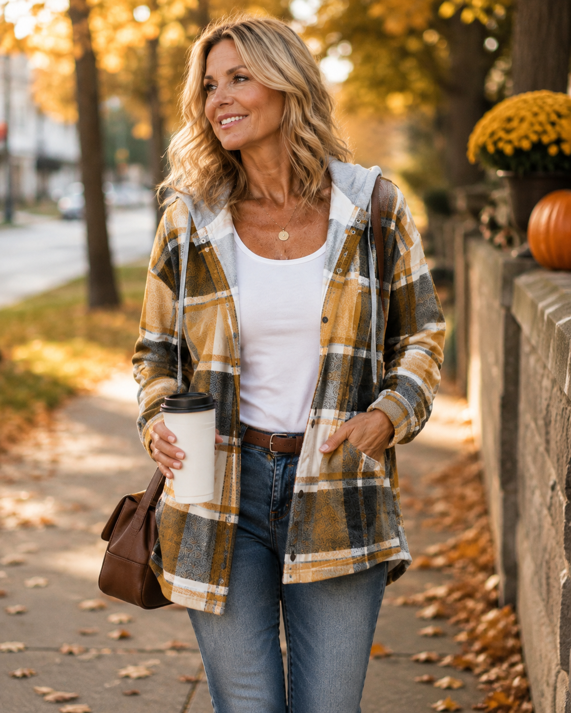 Woman wearing a cosy plaid hooded jacket with a soft, comfortable fit
