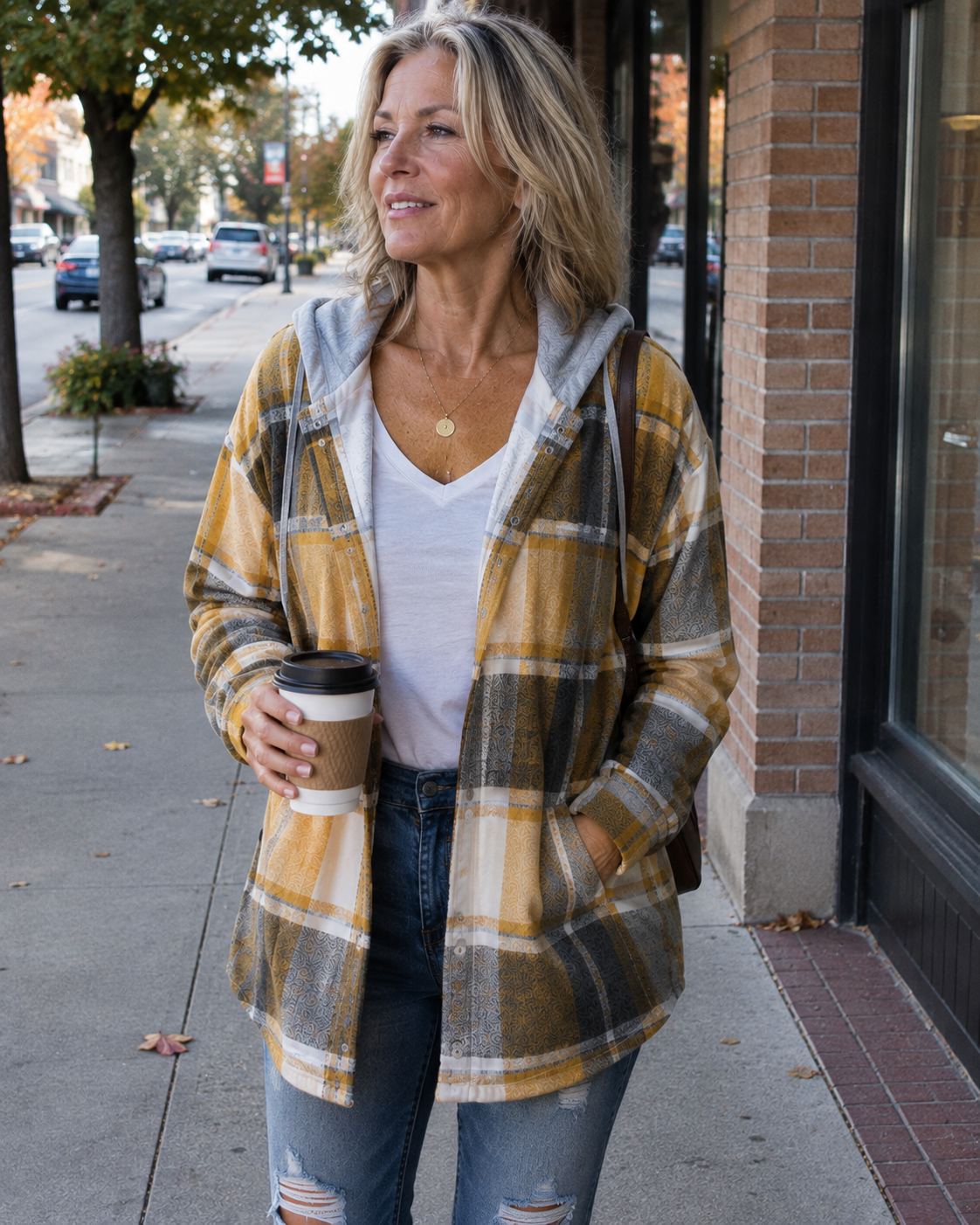 Woman wearing a cosy plaid hooded jacket with a soft, comfortable fit