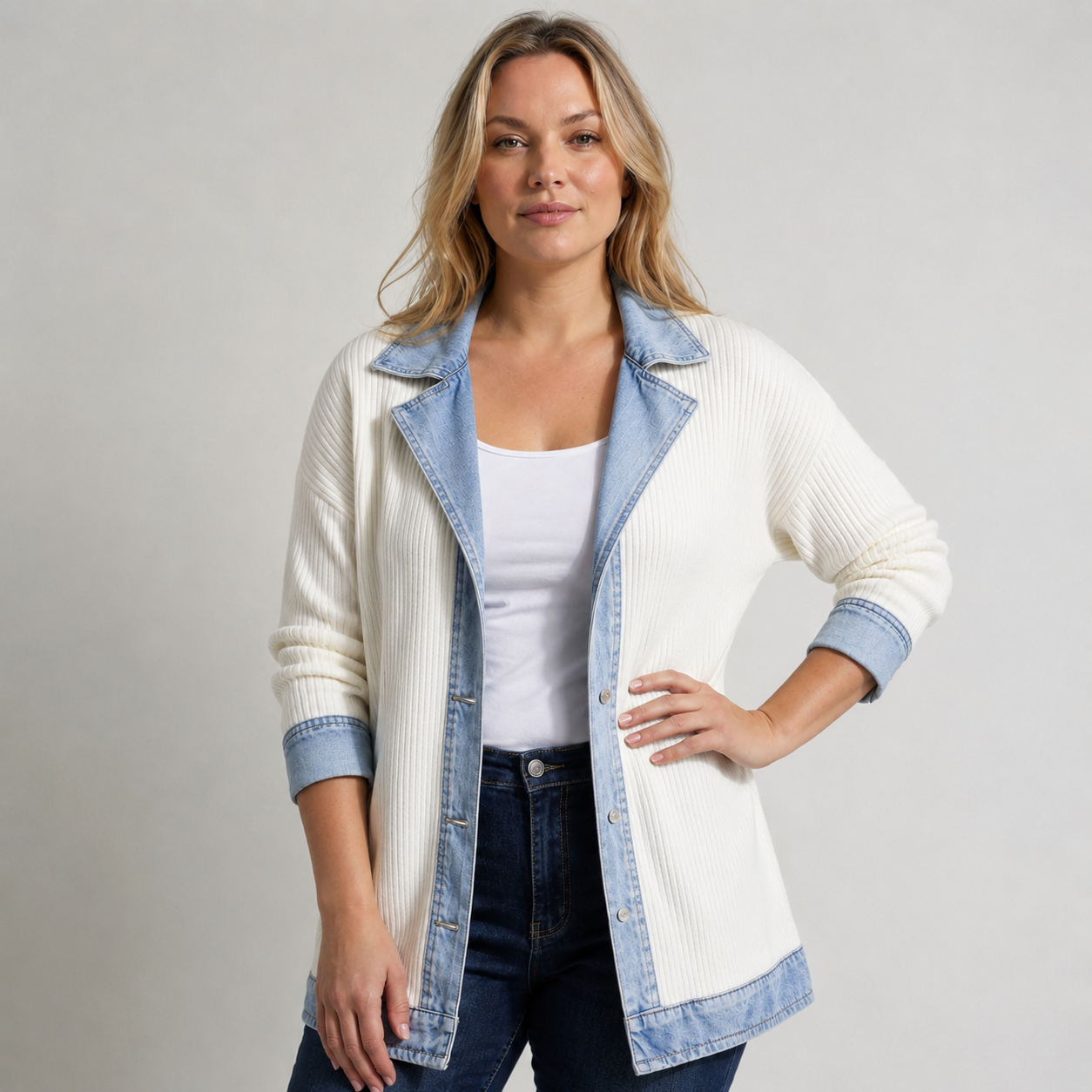 Kristen relaxed-fit jacket blending denim details with soft knit panels