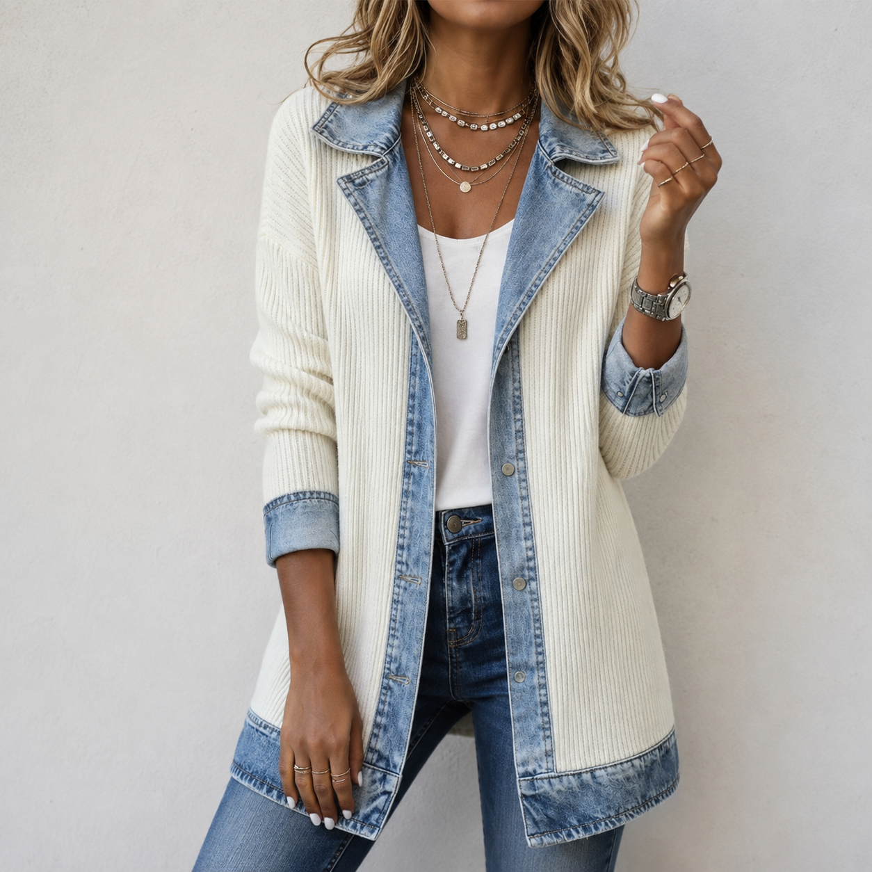 Kristen relaxed-fit jacket blending denim details with soft knit panels