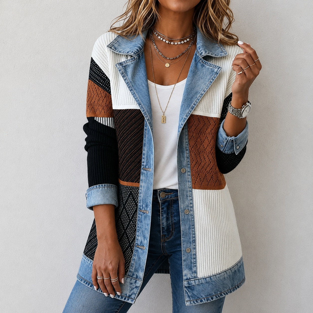 Kristen relaxed-fit jacket blending denim details with soft knit panels