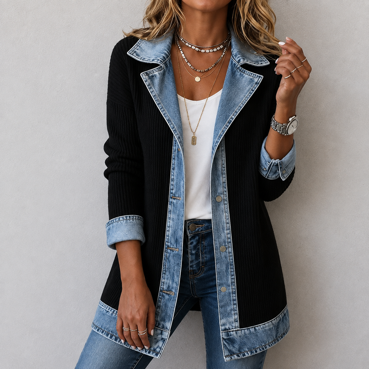 Kristen relaxed-fit jacket blending denim details with soft knit panels