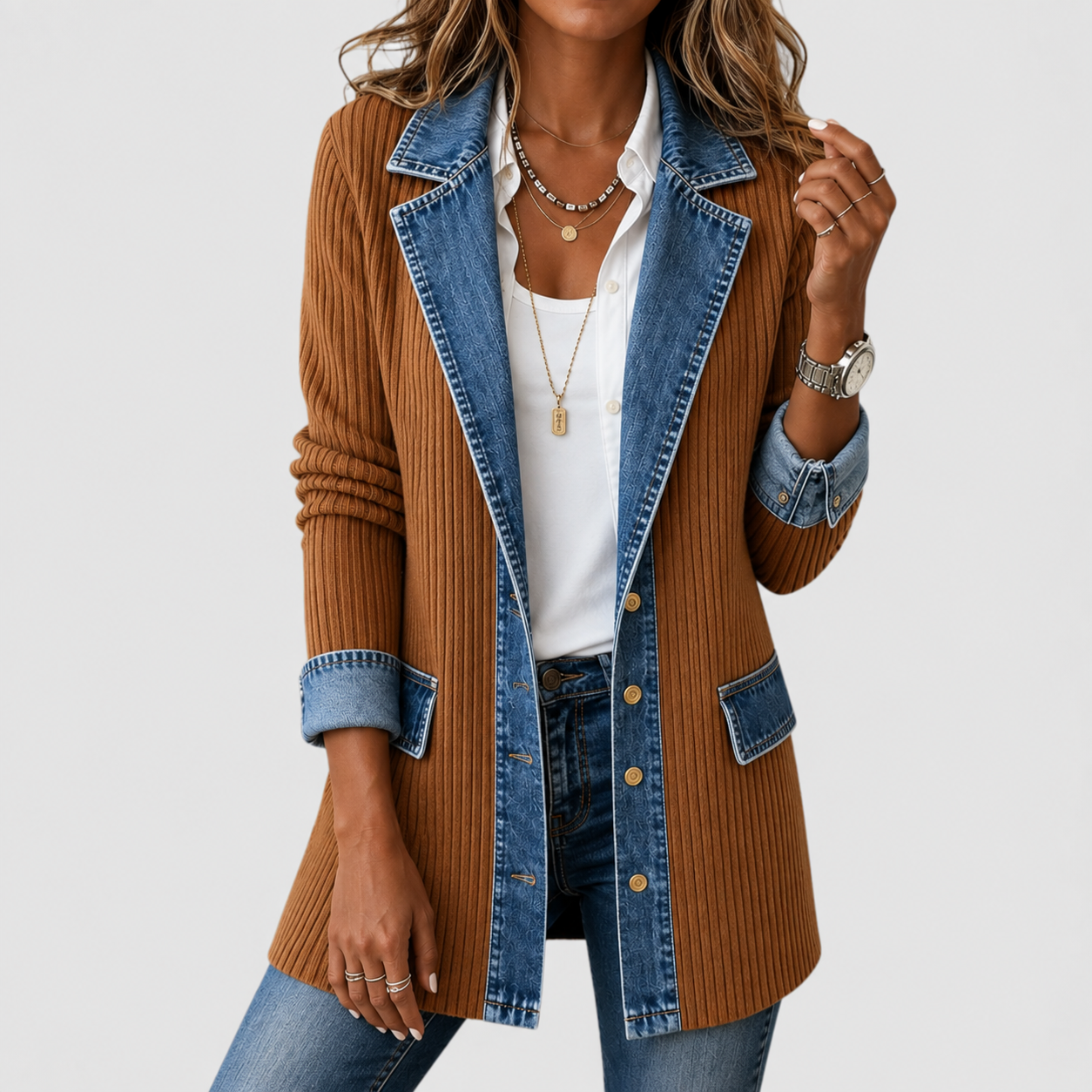 Kristen relaxed-fit jacket blending denim details with soft knit panels