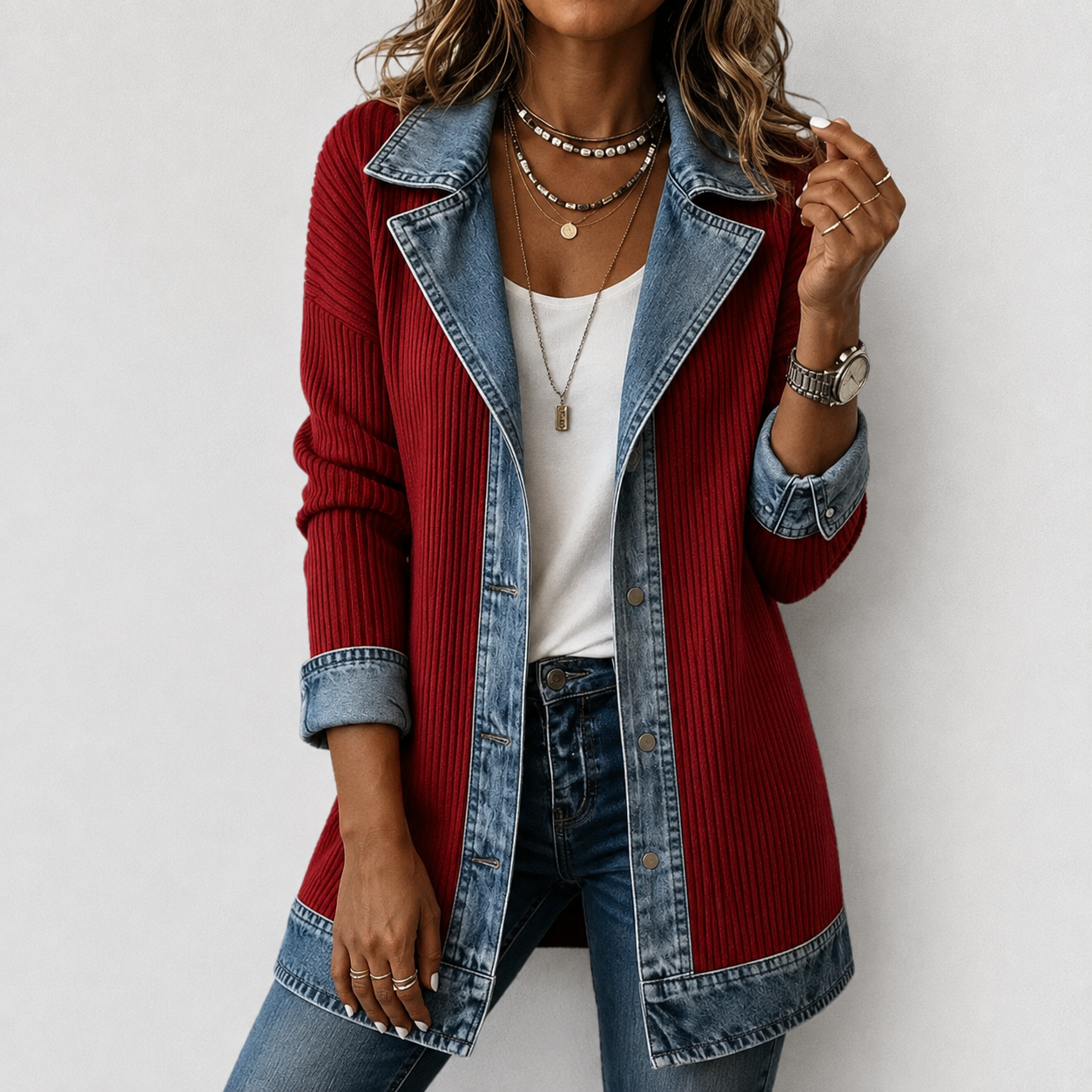 Kristen relaxed-fit jacket blending denim details with soft knit panels